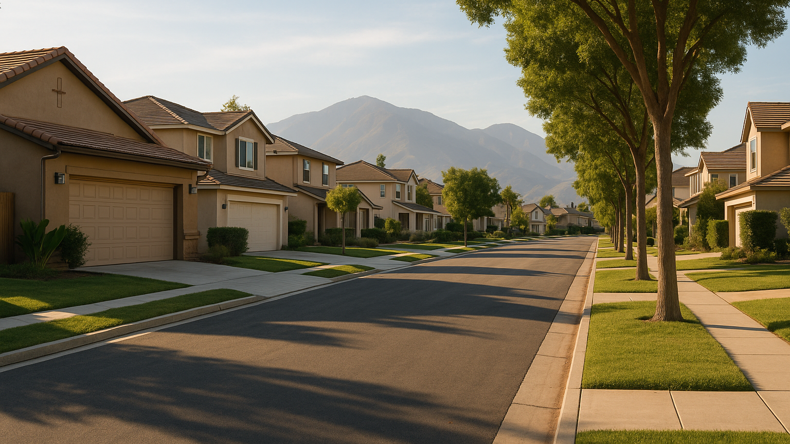 Southern California residential neighborhood scene illustrating Fontana move-up buyer guide for space, commute, and value: seller and market update for DANIEL AMINI and Advent Manor Real Estate.