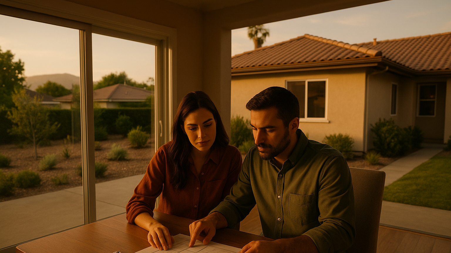 home buyers reviewing real estate plans illustrating Montclair real estate guide for first-time buyers: seller and market update for DANIEL AMINI and Advent Manor Real Estate.
