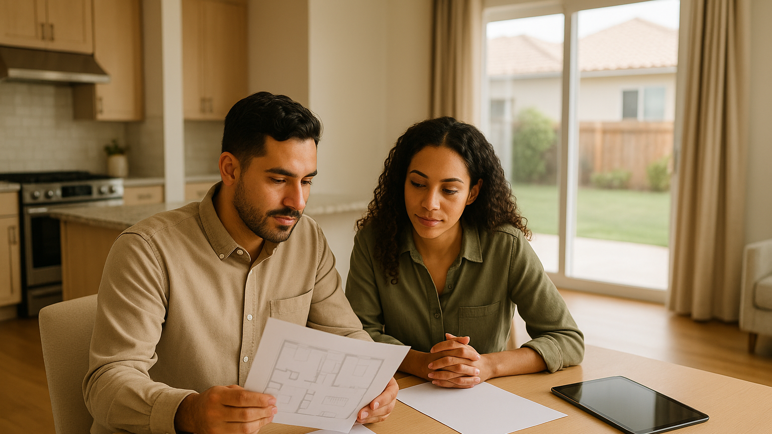 home buyers reviewing real estate plans illustrating Pomona real estate guide for buyers and sellers for DANIEL AMINI and Advent Manor Real Estate.